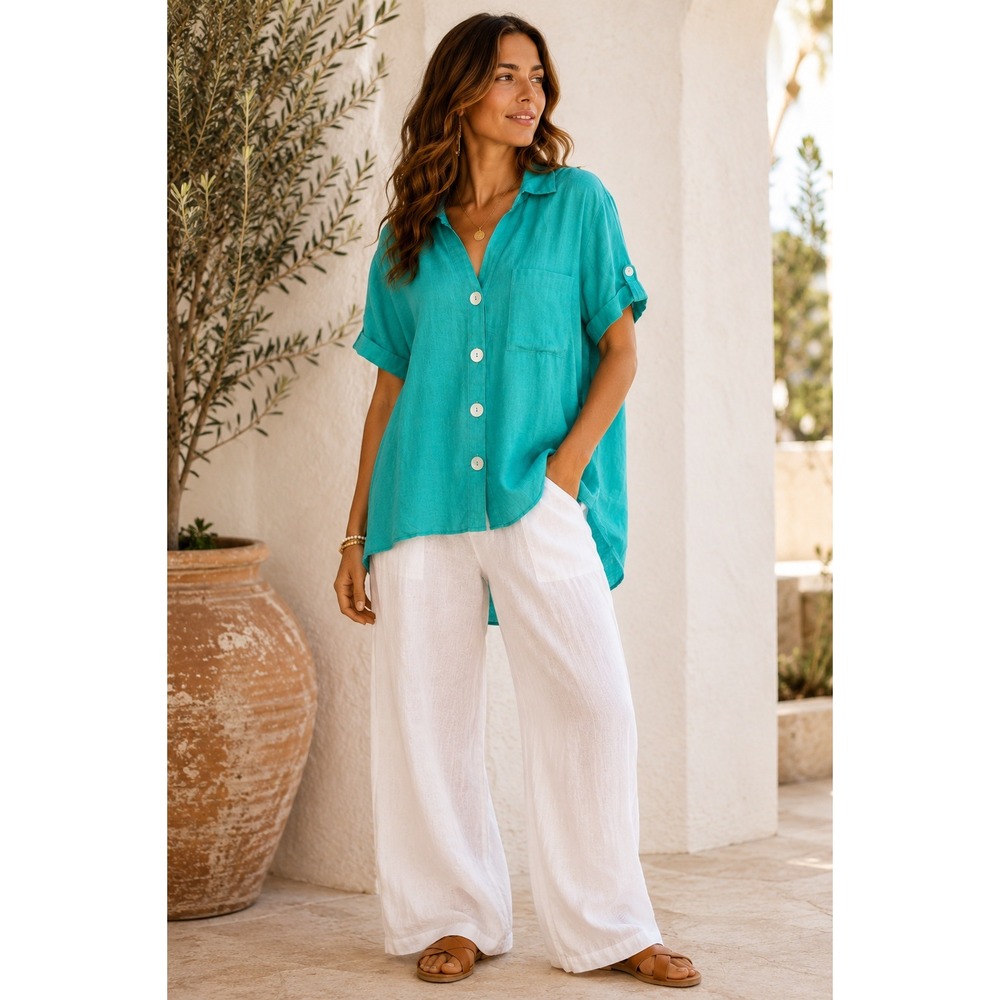 Marc New York Andrew Marc Womens XL Teal Green 100% Linen Button Up Shirt Top